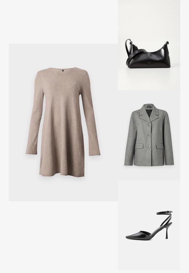 Blazer gris de punto en espiga con solapa, cierre de tres botones, dos bolsillos frontales y un corte estructurado. Tejido suave y diseño ajustado.; Vestido de manga larga, en línea A, de color beige, fabricado en un tejido suave con escote redondo. Presenta un corte holgado y mangas ajustadas.; Zapato de tacón alto negro de punta fina con delgadas correas en el tobillo y cierre de hebilla plateada sobre un fondo liso claro.; Bolso de mano de cuero negro con una textura suave. Cuenta con una correa ajustable y un diseño elegante y minimalista con cierre de cremallera.