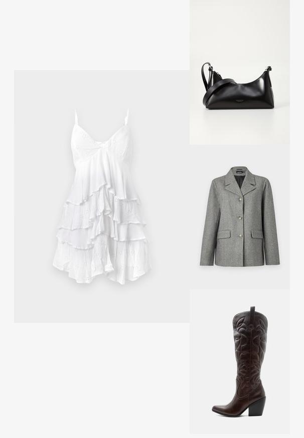 Blazer en chevrons gris avec col cranté, fermeture à trois boutons, deux poches avant et coupe structurée. Tissu lisse et design ajusté.; Robe blanche sans manches avec des couches volantes, fabriquée en tissu léger portant des motifs en œillets et une texture délicate. Design à col en V.; Botte de cowboy haute en cuir marron foncé avec motifs décoratifs cousus, bout pointu et talon bloc empilé.; Sac à main en cuir noir avec une texture lisse. Dispose d'une bandoulière adjustable et d'un design élégant et minimaliste avec une fermeture éclair.