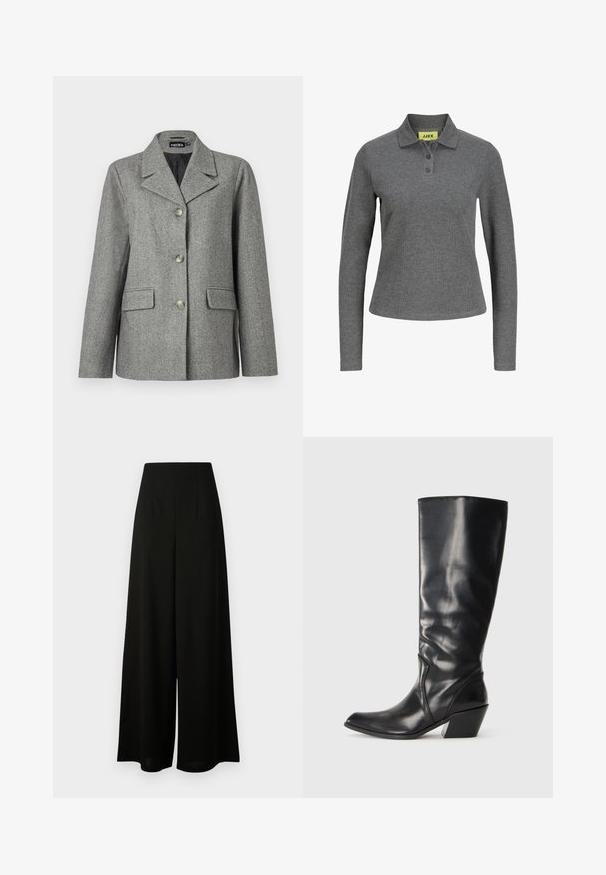 Grå hørblazer med skrå krave, tre-knap lukning, to forlommer og en struktureret pasform. Glat stof og skræddersyet design.; Mørkegrå poloshirt med lange ærmer, tre knapper og ribstrikket stof, med en gul JJXX-label inde i kraven.; Vero Moda Tall VMLIVA SUPER WIDE PANTS - Bukser - black; Sorte læder knæhøje støvler med spids tå, vinklet hæl og glat tekstur. Funktioner en subtil syning langs siden.