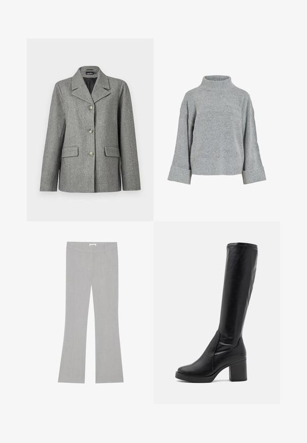 Grå hørblazer med skrå krave, tre-knap lukning, to forlommer og en struktureret pasform. Glat stof og skræddersyet design.; Grå strikket sweater med høj krave, brede ærmer og struktureret stof. Har en afslappet pasform og ribbede detaljer ved ærmekanterne og nederste kant.; Grå, klokkeformede bukser lavet af et tekstureret stof, med lynlåslukning og to forreste lommer. Skræddersyet pasform og mellemhøj talje.; Sorte knæhøje støvler lavet af glat læder med en kraftig hæl og en afrundet tå. Har et sømløst design og diskrete syningsdetaljer.