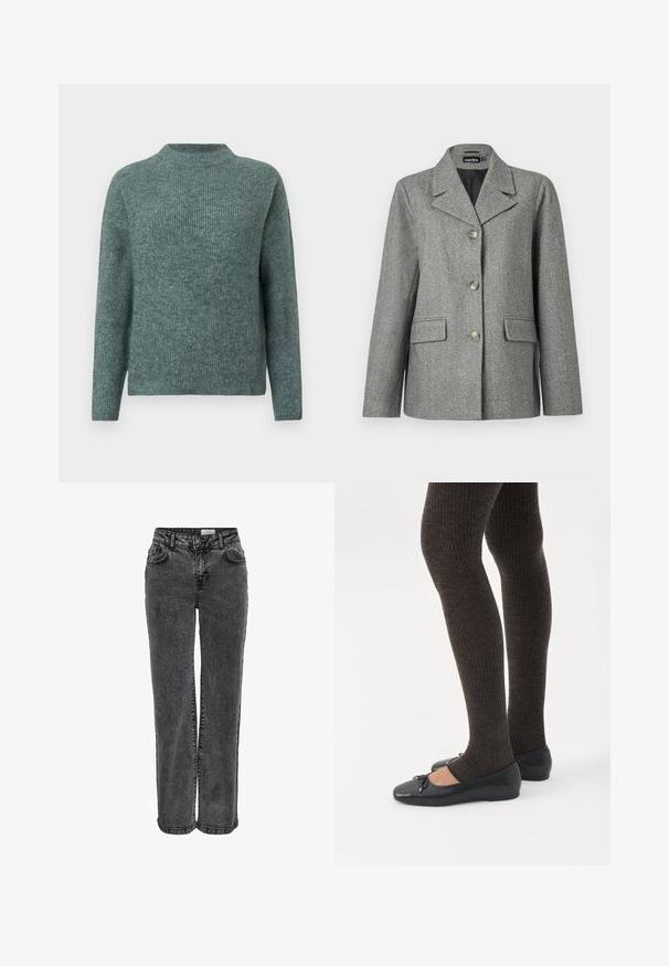 Grå hørblazer med skrå krave, tre-knap lukning, to forlommer og en struktureret pasform. Glat stof og skræddersyet design.; Grøn ribstrikket sweater med høj hals og lange ærmer. Blød tekstur, afslappet pasform og subtile farvevariationer over det hele.; Sorte denimjeans med lige ben, der har forlommer, bæltestropper og en subtil, falmet tekstur.; Ben iført mørke ribbede leggings kombineret med sorte balletsko med små sløjfedetaljer på hvid baggrund.