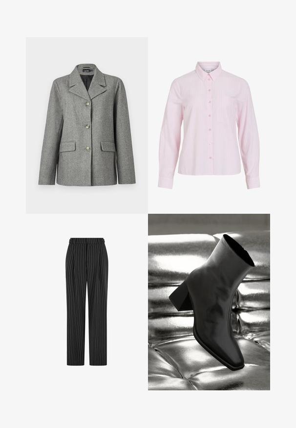 Grå hørblazer med skrå krave, tre-knap lukning, to forlommer og en struktureret pasform. Glat stof og skræddersyet design.; Lyserød langærmet skjorte med lodrette hvide striber, knaplukning foran, krave og en venstre brystlomme. Glat bomuldsstof.; Sorte pinstripe bukser med høj talje, plisseret front og lige ben design. Stoffet ser struktureret ud og er skræddersyet til et formelt look.; Sorte ankelstøvler lavet af glossy materiale med firkantet tå og spidse hæle, sat mod en skinnende sølv tuftet baggrund.