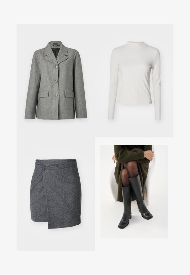 Blazer gris de punto en espiga con solapa, cierre de tres botones, dos bolsillos frontales y un corte estructurado. Tejido suave y diseño ajustado.; Top de manga larga en beige claro con textura acanalada, cuello alto simulado y textura suave, con un corte ajustado y detalles de diseño mínimos.; Falda envolvente en espiga gris hecha de tejido de lana texturizado, con un cierre de un solo botón en la cintura y un dobladillo asimétrico.; Botas de cuero negro hasta la rodilla con puntera cuadrada y tacón de bloque, presentadas con un modelo sentado en un abrigo verde oliva. Textura suave, mínimo detalle.