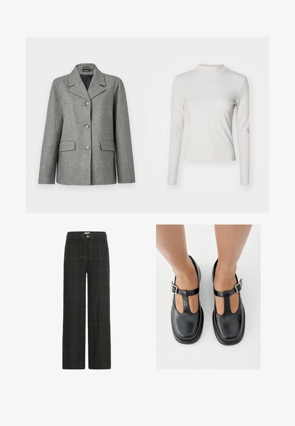 Harmaa herringbone-takkia, jossa on hihansuut ja kolme nappia, kaksi etutaskua ja muodollinen leikkaus. Sileä kangas ja räätälöity muotoilu.; Pitkähihaisen, vaaleanbeigen värisen, ribbineuloksisen yläosan, jossa on puolikaulus ja sileä pinta, istuva muotoilu ja hillityt design-yksityiskohdat.; Vaaleat kengät tummanvihreässä kankaisessa ruudullisessa kankaassa, jossa on kaksi etutaskua ja keltaiset ompeleet.; Mustat nahkakengät, joissa on T-remmillä varustettu suunnittelu, suljettu kärki ja hopeiset solkisomisteet. Sileä pinta, pyöreä kärki ja tasapohja.