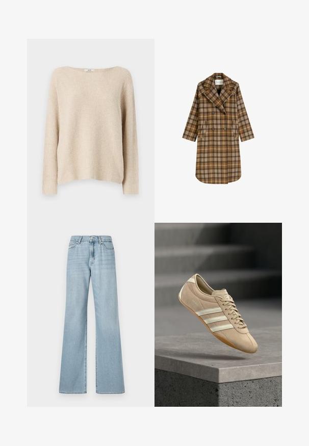 Schwarze und sandfarbene karierte Trenchcoat mit doppelter Knopfleiste, breiten Revers und zwei Fronttaschen. Hergestellt aus weichem, strukturiertem Stoff.; Beige gestrickter Pullover mit lockerer Passform, weitem Bootsausschnitt und gerippten Bündchen. Weiche Textur mit einem dezenten horizontalen Muster.; Hellblaue weit geschnittene Jeans aus Denim, mit hoher Taille, Fronttaschen und dezentem Verblassen des Stoffs.; Hellbeige Sneaker mit drei weißen horizontalen Streifen, Obermaterial aus Wildleder und einer Gummisohle, mit einem Logo an der Seite.
