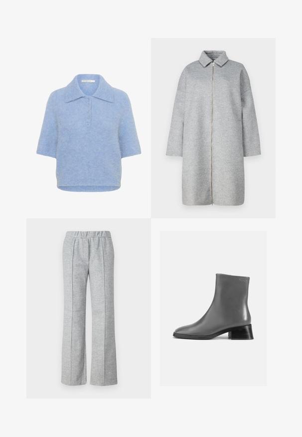 Abrigo de lana gris con cuello, cremallera de largo completo y mangas largas. Textura suave y largo por debajo de la rodilla. Diseño minimalista sin adornos.; Top de punto de manga corta en azul claro, con cuello y tapeta de cinco botones. Textura suave con un corte ligeramente cuadrado y dobladillo acanalado.; Pantalones grises de pierna ancha hechos de una tela texturizada; cuentan con una cinturilla elástica y detalles de pliegues en el frente. Diseño limpio y minimalista.; Botín de cuero gris hasta el tobillo, con punta redonda y un tacón negro corto y apilado. Textura suave con un detalle mínimo.