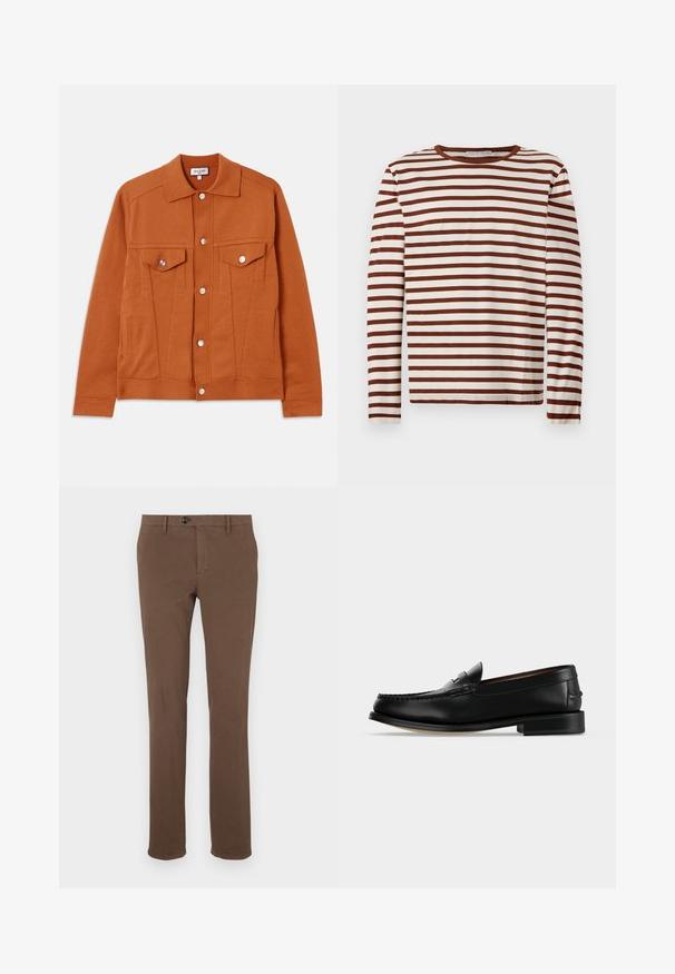 Rødbrun jakke med knaplukning, to brystlommer og spids krave. Fremstillet af et tekstureret stof med synlige sømme.; Langærmet crew neck skjorte med vandrette brune og hvide striber, lavet af blødt stof, lagt fladt på en lys baggrund.; Brune bomuldsbukser med lige ben, der har en frontlynlås og knaplukning, bæltestropper og ingen synlige mønstre eller accenter.; Sort læder herre loafer med lav hæl og mokkasinsyning på tåen, vist fra siden på en ensfarvet baggrund.