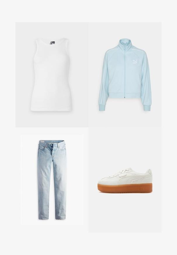 Chaqueta de cremallera azul claro hecha de tejido texturizado. Presenta rayas blancas a lo largo de los hombros y un pequeño logo blanco en el pecho.; Top de tirantes blanco con canalé, que presenta un escote redondo y un diseño sin mangas, hecho de una suave mezcla de algodón con una silueta ajustada.; Jeans de mezclilla azul claro con diseño de pierna recta, cinco bolsillos y cierres de botones metálicos en una pretina estándar.; Zapatilla blanca de perfil bajo con suela gruesa de goma marrón, detalles laterales cosidos y cierre de cordones con una pequeña pestaña de velcro.