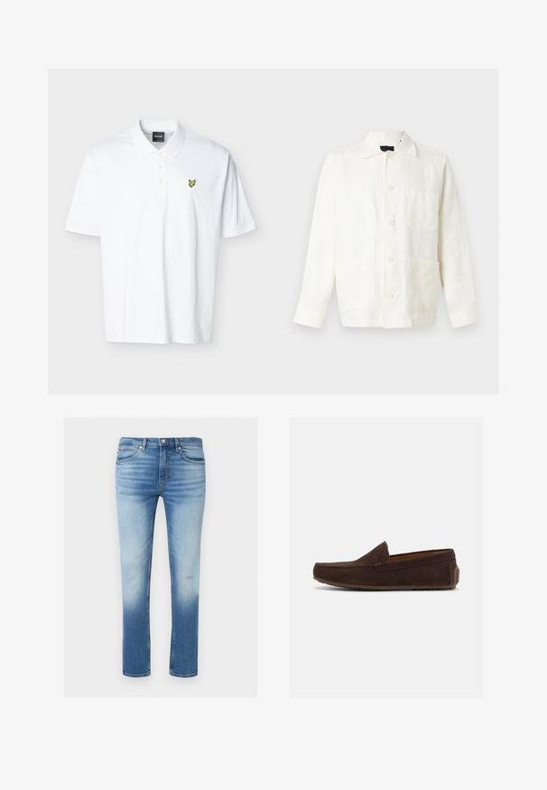 Veste blanche boutonnée avec col et trois poches avant, présentée sur un fond neutre.; Polo blanc à manches courtes avec col, trois boutons, et petit logo d'oiseau jaune sur la poitrine gauche.; Jean slim bleu homme avec face avant délavée, design classique cinq poches, fermeture par boutons et passants de ceinture.; Mocassin en daim marron foncé avec petit talon, coutures apparentes et semelle en caoutchouc sur un fond blanc uni.