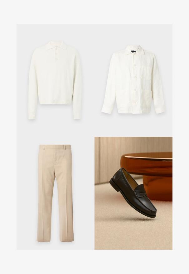 Chaqueta blanca con botones, con cuello y tres bolsillos delanteros, mostrada sobre un fondo neutro.; Suéter blanco de cuello con tres botones en la parte delantera y puños y dobladillo acanalados. Tejido suave y texturizado con un ajuste relajado.; Pantalones de vestir beige a medida con presillas para cinturón, pliegue frontal y cierre oculto con cremallera, mostrados sobre un fondo liso.; Zapato mocasín de cuero negro suspendido sobre una alfombra beige con muebles modernos de color ámbar en el fondo.
