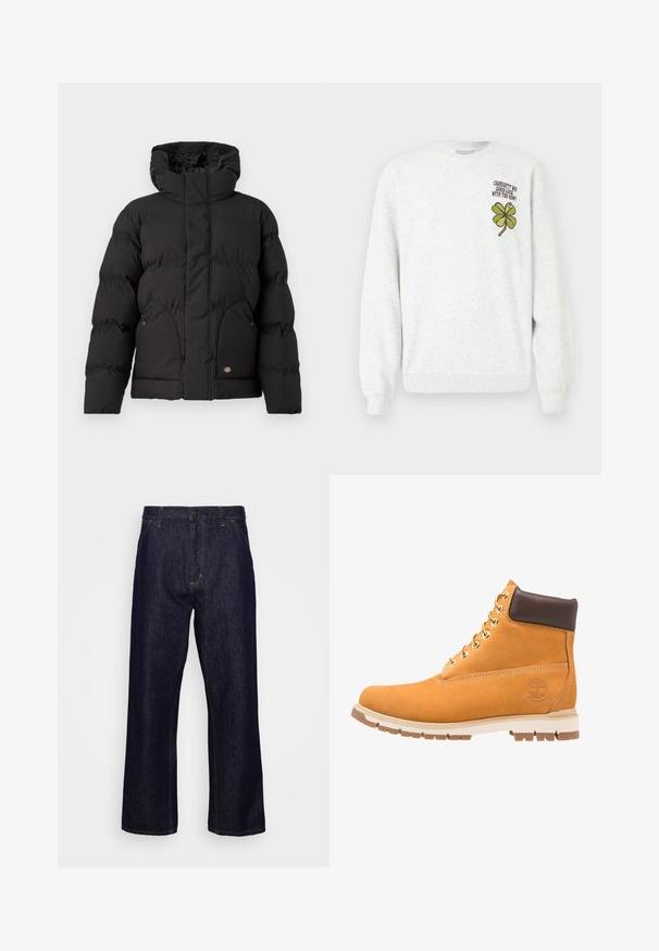 Schwarze Puffjacke mit hohem Kragen, ausgestattet mit einem Reißverschluss vorne, zwei seitlichen Taschen und einem logobezogenen Akzent auf der unteren Vorderseite. Weicher, gesteppten Textur.; Grauer Pullover aus strukturiertem Stoff mit Rundhalsausschnitt, langen Ärmeln und grünem Vierblättrigen Kleeblatt-Grafik- und Textdesign auf der Brust.; Dunkelblaue gerade geschnittene Jeans aus Denim mit vorderen Taschen, Gürtelschlaufen, Reißverschluss und Knopfverschluss, präsentiert vor einem schlichten weißen Hintergrund.; Timberland RADFORD 6 IN BOOT WP - Schnürstiefelette - wheat