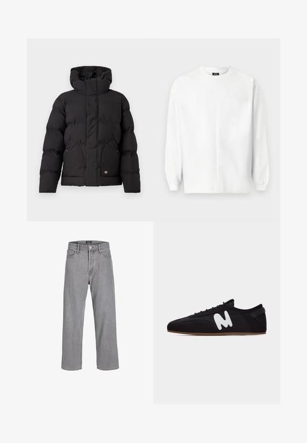 Sort pufferjakke med høj krave, med lynlås foran, to sidelommer og en logoaccent foran nederst. Blød, quilted tekstur.; Hvid sweatshirt lavet af blødt stof, med rund hals, lange raglanærmer, ribstrikkede manchetter og et subtilt broderet logo på brystet.; Grå denimbukser med en afslappet, løs pasform. Har et traditionelt fem-lomme design og en knaplukning i taljen.; Sort lav sneakers med tynd brun sål og hvidt styliseret "M"-logo på siden, set fra venstre.