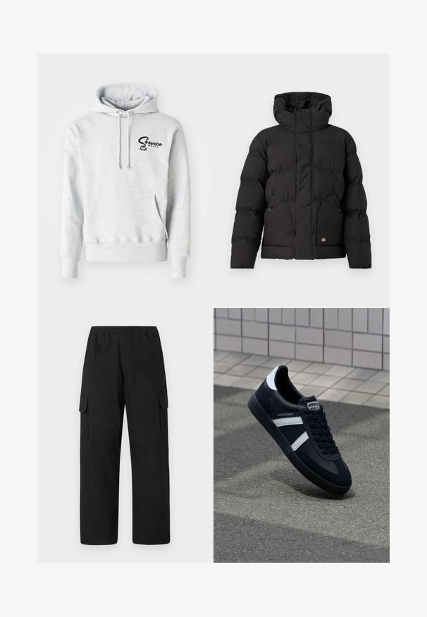 Zwarte pufferjack met een hoge kraag, voorzien van een ritssluiting aan de voorkant, twee zijzakken en een logo-accent op de onderkant van de voorkant. Zachte, gewatteerde textuur.; Grijze hoodie van zacht materiaal, met een voorzak, een capuchon met trekkoord en een zwart "Service Works" logo op de linkerborst.; Zwarte cargobroek met een elastische tailleband, voorzien van twee zijzakken en een losse, recht toelopende pijp. Gemaakt van een lichtgewicht materiaal.; Zwarte leren sneaker met witte strepen, een gestructureerde rubberen zool en vetersluiting aan de voorkant. Voorzien van een merklabel op de tong.