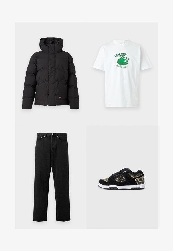 Sort pufferjakke med høj krave, med lynlås foran, to sidelommer og en logoaccent foran nederst. Blød, quilted tekstur.; Hvid t-shirt med korte ærmer med grøn frø grafik siddende på en åkandeblad og teksten "Carhartt WIP please don't snitch" på fronten.; Sorte denimjeans med lige ben, der har fem lommer, metalknaplukning og subtilt slid på stoffet.; Sort ruskinds sneaker med camomønster på siden, hvid mellemsål og sort gummisål. Har snørebånd og logo-detalje på siden.