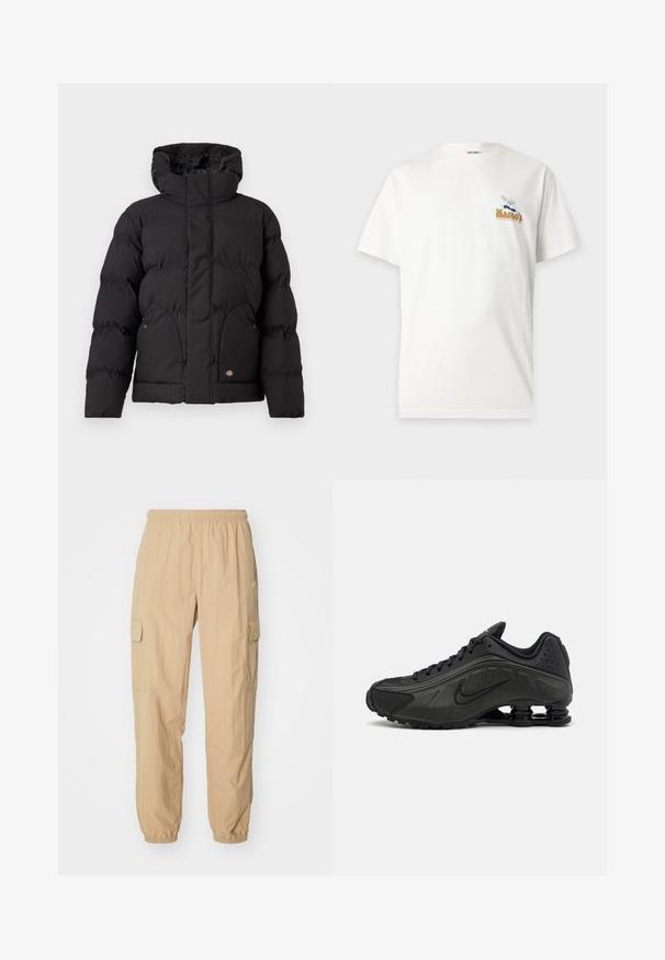Schwarze Puffjacke mit hohem Kragen, ausgestattet mit einem Reißverschluss vorne, zwei seitlichen Taschen und einem logobezogenen Akzent auf der unteren Vorderseite. Weicher, gesteppten Textur.; Weißes Kurzarm-T-Shirt mit kleiner Grafik eines Kochs, der eine Pizza hält, und dem Schriftzug „Marco's“ auf der linken Brustseite.; Beige Cargo-Hosen aus leichtem Stoff, mit einem elastischen Bund, zwei Seitentaschen und elastischen Bündchen an den Knöcheln.; Schwarze Laufschuhe mit einem glatten synthetischen Obermaterial, durchbrochenen Akzenten, strukturierten Seitenpaneelen und einer ausgeprägten federnden Sohle.