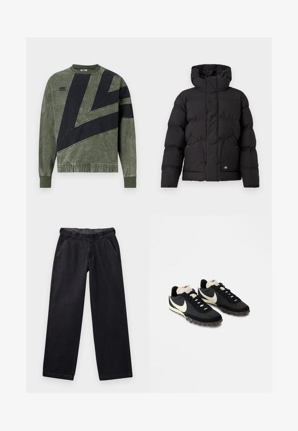 Sort pufferjakke med høj krave, med lynlås foran, to sidelommer og en logoaccent foran nederst. Blød, quilted tekstur.; Langærmet sweatshirt i grøn og sort farveblok med ribbede manchetter og krave, med Umbro-logo på venstre bryst.; Sorte brede bukser lavet af kraftigt stof, med en flad talje, to sidelommer og en glat overflade.; Sorte sportssko med en struktureret overdel, hvid swoosh-logo og gummisål med små stik til trækkraft. Elfenbensfarvet krave.