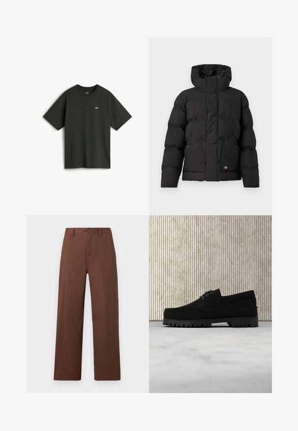 Chaqueta de plumas negra con cuello alto, que presenta un cierre de cremallera en la parte delantera, dos bolsillos laterales y un logotipo en el frente inferior. Textura suave y acolchada.; Vans Camiseta básica - dark green; Pantalones de pierna ancha marrones, confeccionados en suave tela de algodón. Presentan un cierre con botón, trabillas para cinturón y dos bolsillos frontales.; Zapato negro de cordones con suela gruesa y acanalada flotando sobre una alfombra beige, mesa redonda moderna de color marrón en un fondo de habitación con luz suave.