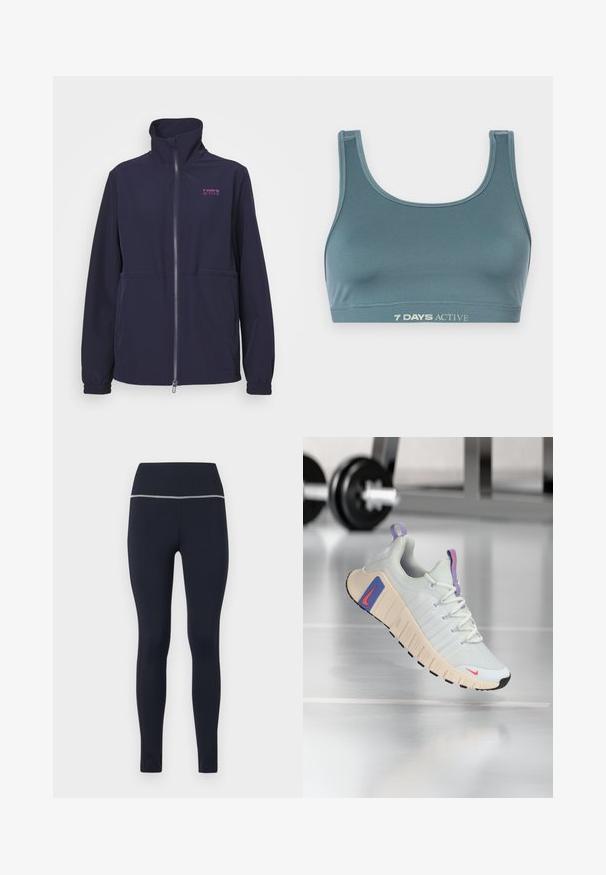 Marinejacke aus leichtem Material, mit hohem Kragen, durchgehendem Reißverschluss und elastischen Bündchen. Sie verfügt über zwei Fronttaschen und ein Logo.; Sport-BH in dunklem Türkis, aus weichem, dehnbarem Stoff hergestellt. Mit Rundhalsausschnitt und elastischem Bund, auf dem "7 DAYS ACTIVE" in hellen Farben gedruckt ist.; Marineblaue enganliegende Leggings aus dehnbarem Stoff, mit einem breiten Bund, der oben mit einem reflektierenden Besatz versehen ist, um die Sichtbarkeit zu erhöhen.; Sneaker mit einem oberteil aus leicht grauem Mesh, gepolstertem Kragen und strukturiertem cremfarbenem Sohlen. Verfügt über rosa und blaue Akzente sowie eine schwarze Gummisohle.