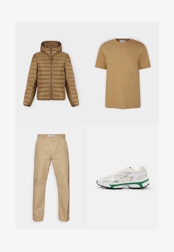 Brun quiltet hættejakke med frontlynlås, to lynlåslommer og lille grønt krokodillelogo på brystet.; Brun bomulds-t-shirt med ribbet rund hals og broderet logo på venstre bryst. Klassiske korte ærmer, glat tekstur og grundlæggende form.; Beige, lette bomuldsbukser med lige ben-design, der har en knaplukning og en subtil tekstur. Lacoste-logo på taljen.; Hvide sneakers med grønne accenter og sort gummisål. Har mesh- og syntetiske paneler med en struktureret overflade og synlige sømme.