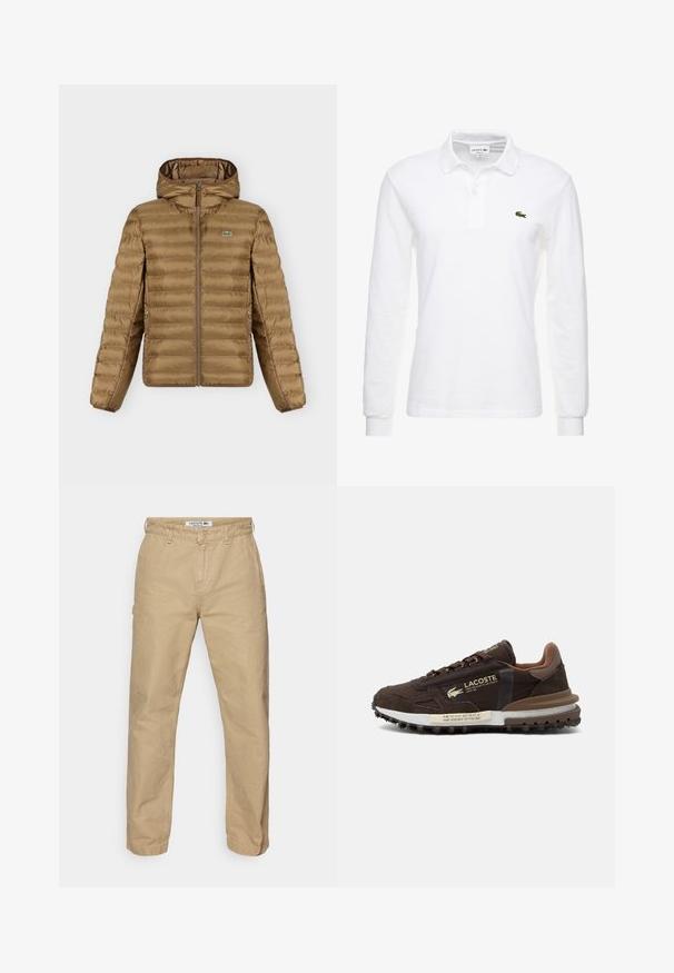 Brun quiltet hættejakke med frontlynlås, to lynlåslommer og lille grønt krokodillelogo på brystet.; Hvid langærmet polo shirt lavet af bomuld, med en klassisk krave og et lille grønt Lacoste-logo på brystet. Glat tekstur.; Beige, lette bomuldsbukser med lige ben-design, der har en knaplukning og en subtil tekstur. Lacoste-logo på taljen.; Brun Lacoste sneaker med blandet ruskind og stof, struktureret sål, logo og trykt tekst på siden og mellemsålen.