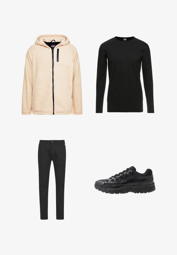 Beige fleece hoodie met een zwarte rits aan de voorkant en een zwart schouderpaneel. Heeft een capuchon met trekkoord en een textuurstof voor warmte.; Urban Classics STRETCH TERRY - Longsleeve - black; Zwarte chinos met een slim fit, gemaakt van katoen, voorzien van een bruine knoopsluiting, vier zakken en klassieke stikseldetails.; Zwarte sportschoen met een bovenwerk van mesh en synthetisch materiaal, een gestructureerd oppervlak, vetersluiting en een rubberen zool met patroon voor grip.