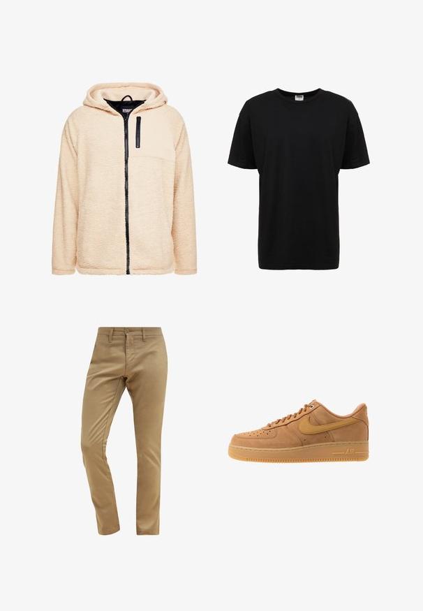 Beige fleece hættetrøje med en sort lynlåse foran og sorte skulderpaneler. Har en hætte med snor og struktureret stof for varme.; Sort bomulds t-shirt med rund hals, korte ærmer, standard pasform, glat tekstur og ingen synlige mønstre eller detaljer.; Beige chinos med en glat tekstur, slim fit, knaplukning og bæltestropper, der har et standard design til forlommer.; Nike Sportswear AIR FORCE 1 07 - Sneakers - flax/wheat/light brown/black/team gold