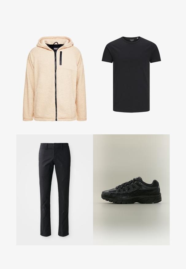 Haut en polaire beige avec un devant zippé noir et un panneau d'épaule noir. Il possède une capuche avec cordon de serrage et un tissu texturé pour plus de chaleur.; T-shirt en coton noir avec un col rond, des manches courtes et un design simple. Texture lisse, sans motifs ni éléments visibles.; Pantalons droits noirs en tissu lisse avec une fermeture à un bouton et des passants de ceinture. Design minimaliste sans motifs visibles.; Chaussure de course Nike noire avec tige en mesh et synthétique, fermeture à lacets et semelle texturée, vue de côté gauche sur fond uni.