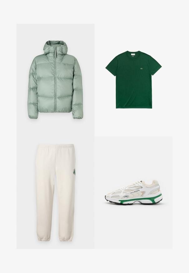 Groene pufferjack met capuchon, voorzien van een ritssluiting aan de voorkant, gequiltte secties en subtiele branding. Gemaakt van glad, glanzend materiaal.; Groene katoenen t-shirt met korte mouwen, voorzien van een ronde hals, een gladde textuur en een klein geborduurd logo op de linker borst.; Lichtbeige sweatpants van katoen, met een elastische tailleband, geribde boorden en een groen logo met een bladerenontwerp op het linkerpand.; Witte sneaker met groene accenten en zwarte rubberen zool. Bevat mesh en synthetische panelen, met een textuurafwerking en zichtbare stiksels.