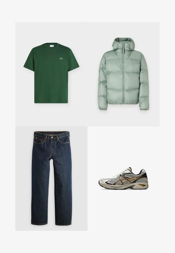 Veste matelassée verte avec une capuche, dotée d'une fermeture éclair à l'avant, de sections matelassées et d'une marque discrète. Fabriquée en matériau lisse et brillant.; T-shirt en coton vert foncé à manches courtes, col rond, avec petit logo crocodile Lacoste sur le côté gauche de la poitrine.; Jean en denim bleu foncé avec une coupe droite. Comprend cinq poches, des surpiqûres contrastantes et une fermeture à bouton à la taille.; ASICS SportStyle GT-2160 - Baskets basses - cream pure gold