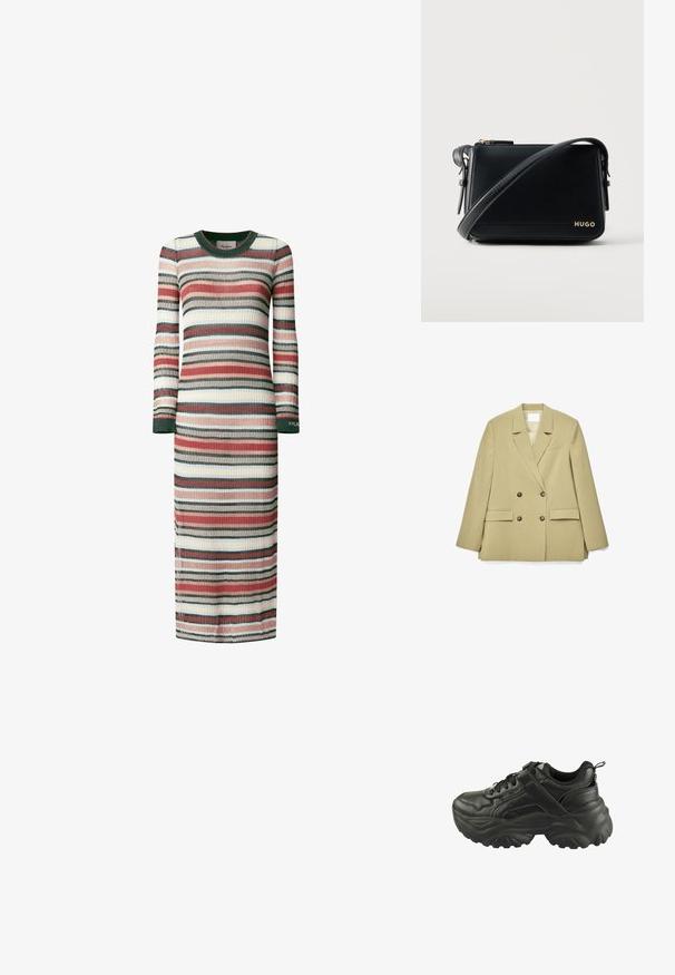 Blazer beige à double boutonnage avec revers crantés, quatre boutons marron, deux poches à rabat et une poche poitrine passepoilée, posé à plat sur fond blanc.; Robe à manches longues rayée en maille côtelée. Présente des rayures alternées rouges, vertes, crème et bleues. Encolure arrondie et fentes sur les côtés.; Baskets noires épaisses avec semelle épaisse texturée, lacets à l'avant, col matelassé et languette au talon, vues de profil.; Sac bandoulière rectangulaire en cuir noir avec sangle réglable et logo doré "HUGO" dans le coin avant sur fond uni.