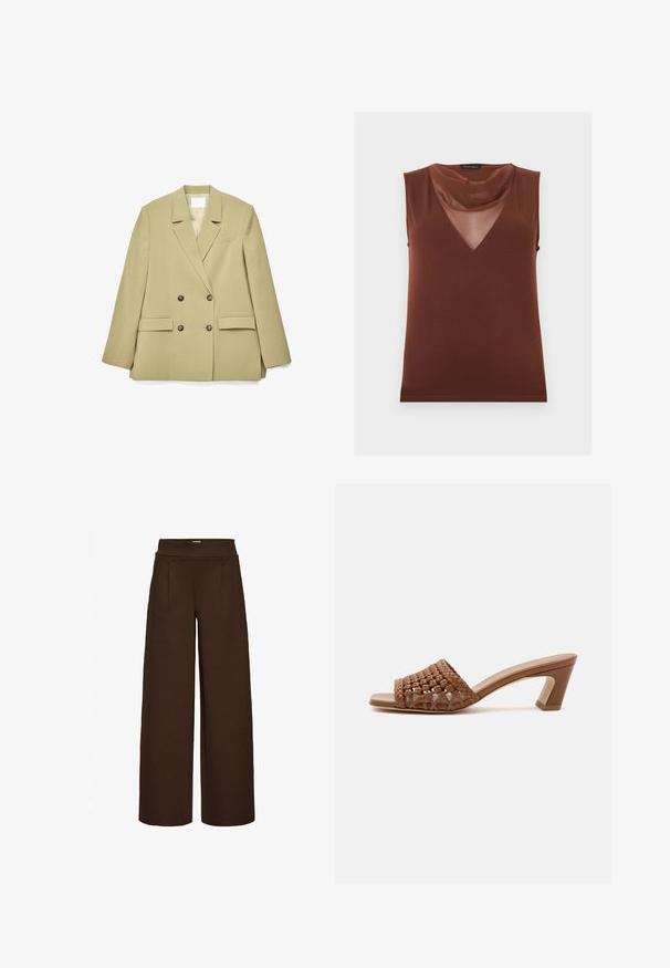 Beige dobbeltradet blazer med notch-kraver, fire brune knapper, to klaplommer og en brystlomme, lagt fladt på hvid baggrund.; Ærmeløs brun top med et gennemsigtigt V-hals panel og en blød, draperet krave, mærket "Anna Field."; Brune vide bukser lavet af glat stof, med en høj talje og to frontfolder, designet til en løs pasform.; Brun flettet mule med åben tå, blokhæl og slip-on design på en ensfarvet hvid baggrund.