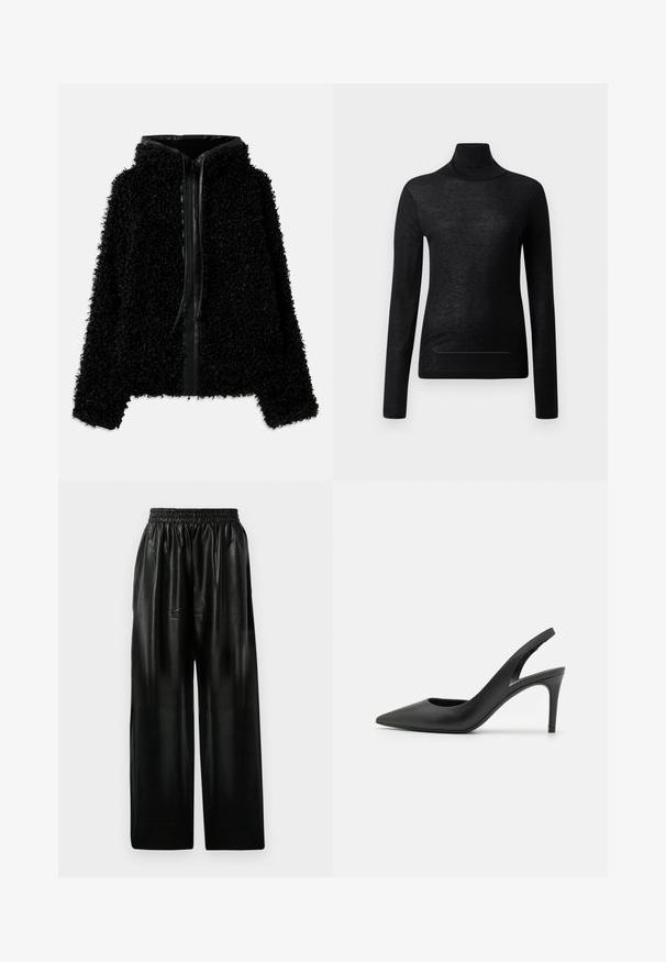 Sort hættejakke lavet af fluffy, struktureret stof med lynlås og læderdetaljer langs kraven og forsiden.; Sort langærmet turtle neck top lavet af letvægtsstof, med en tætsiddende design og minimale sømdetaljer, velegnet til lagdeling.; Sorte læder brede bukser med elastisk talje, der har to sidelommer og en glat, blank overflade.; Sorte læder slingback høje hæle med spids tå-design, der har en udskæring fortil og en tynd stiletto-hæl.