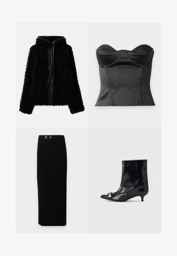 Schwarze Kapuzenjacke aus flauschigem, strukturiertem Stoff mit einem Reißverschluss und Lederelementen am Kragen und an der Vorderseite.; Schwarzes strukturiertes Oberteil mit Herz-Ausschnitt. Aus glattem, dehnbarem Material und mit vertikalen Rippungen entlang des Bustbereichs für zusätzlichen Halt.; AERON FORUM - Bleistiftrock - black; Schwarzer Leder-Stiefelette mit spitzem Zehen, niedrigem Kitten-Heel und dekorativer silberner Schnalle seitlich nahe der Zehen.