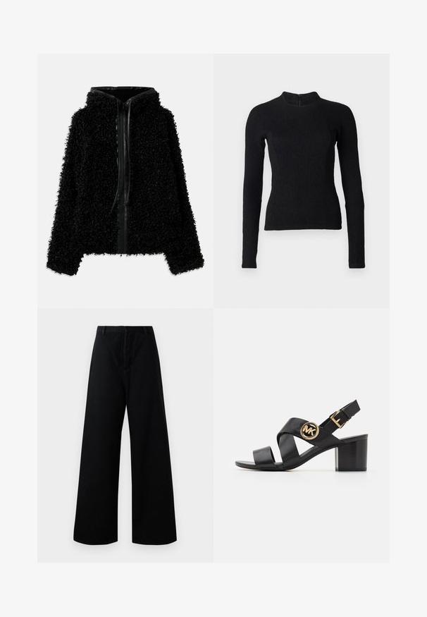 Chaqueta con capucha negra hecha de un tejido esponjoso y con textura, con cierre de cremallera y detalles de cuero en el collar y la parte frontal.; Top negro de manga larga con un diseño ajustado, tejido texturizado y un cuello alto. Cuenta con una cremallera oculta en la parte de atrás para el cierre.; Pantalones anchos negros de algodón, con cintura alta, bolsillos frontales y un diseño limpio y sencillo con detalles de costura minimalistas.; Sandalia de cuero negra con correas entrelazadas y un logo redondo de MK. El tacón es de altura media, proporcionando estabilidad y un diseño elegante.