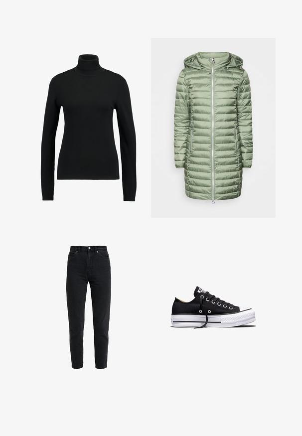 Manteau rembourré vert avec une capuche, présentant des sections matelassées horizontales et deux poches latérales zippées. Matériau lisse et brillant. Fermeture éclair argentée.; Pull à col roulant noir en tissu tricoté lisse. Dispose de manches longues et d'une coupe ajustée, avec des accents côtelés au niveau du col et de l'ourlet.; Jean en denim noir taille haute avec bouton et fermeture éclair à l'avant, deux poches avant et jambe fuselée sur fond blanc.; Baskets basses en toile noire avec semelle plateforme en caoutchouc blanche, lacets noirs et œillets métalliques sur fond blanc.