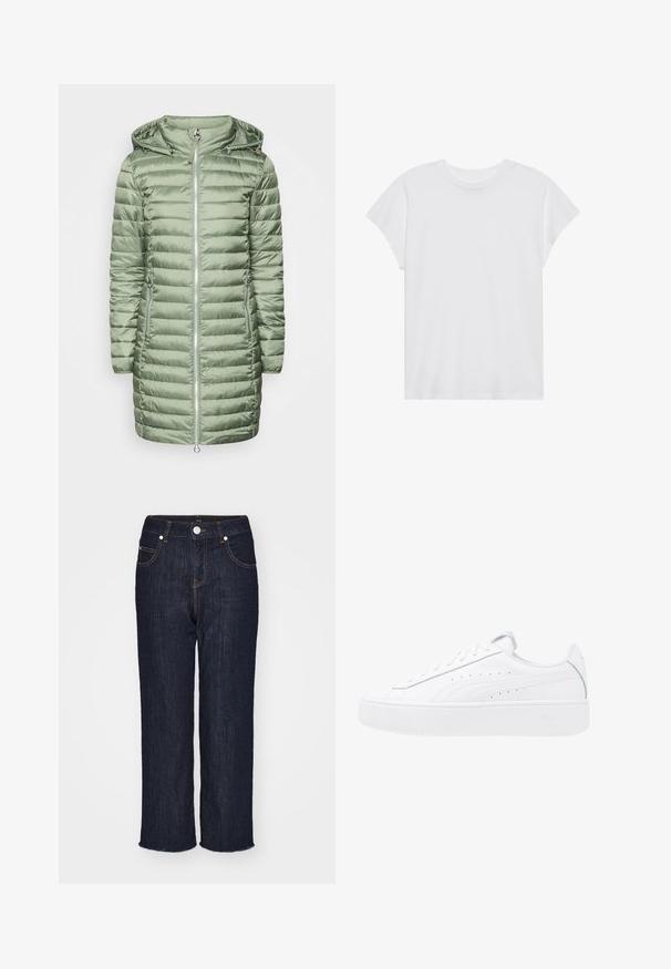 Manteau rembourré vert avec une capuche, présentant des sections matelassées horizontales et deux poches latérales zippées. Matériau lisse et brillant. Fermeture éclair argentée.; T-shirt blanc à manches courtes, col rond, coupe décontractée, en tissu de coton doux. Texture lisse, sans motifs ni logos.; Jean en denim bleu foncé avec une coupe droite, cinq poches et un ourlet brut. Présente des coutures contrastées et un bouton métallique de fermeture.; Baskets plateformes blanches avec tige en cuir, bout rond et fermeture à lacets. Présente des perforations sur les côtés et un logo discret au niveau du talon.