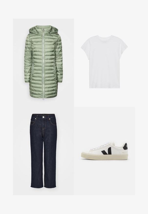Gevoerde groene jas met een capuchon, voorzien van horizontale gestikte secties en twee zijzakken met ritssluiting. Hiermee voelt het materiaal glad en glanzend aan. Zilveren ritssluiting.; Witte t-shirt met korte mouwen, ronde hals, relaxte pasvorm, gemaakt van zacht katoen. Glad textuur, geen patronen of logo's.; Donkerblauwe denim jeans met een rechte pijpdesign, vijf zakken en een raw hem. Voorzien van contrasterende stiksels en een metalen knoopsluiting.; Witte leren sneaker met zwart rubberen V-logo. Getextureerde off-white zool, witte veters en een achterkant met een detail van de merknaam in het zwart.