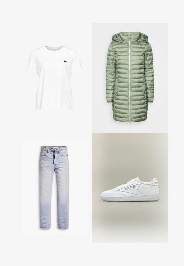 Manteau rembourré vert avec une capuche, présentant des sections matelassées horizontales et deux poches latérales zippées. Matériau lisse et brillant. Fermeture éclair argentée.; T-shirt blanc à manches courtes avec un petit motif cœur noir sur la poitrine gauche et un col rond.; Jean en denim bleu clair avec une coupe droite, dotés d'une fermeture à boutons, de cinq poches et d'un léger délavage sur les jambes.; Baskets basses blanches Reebok avec détails de couture, perforations près des orteils et logo Reebok avec un petit Union Jack sur le côté.