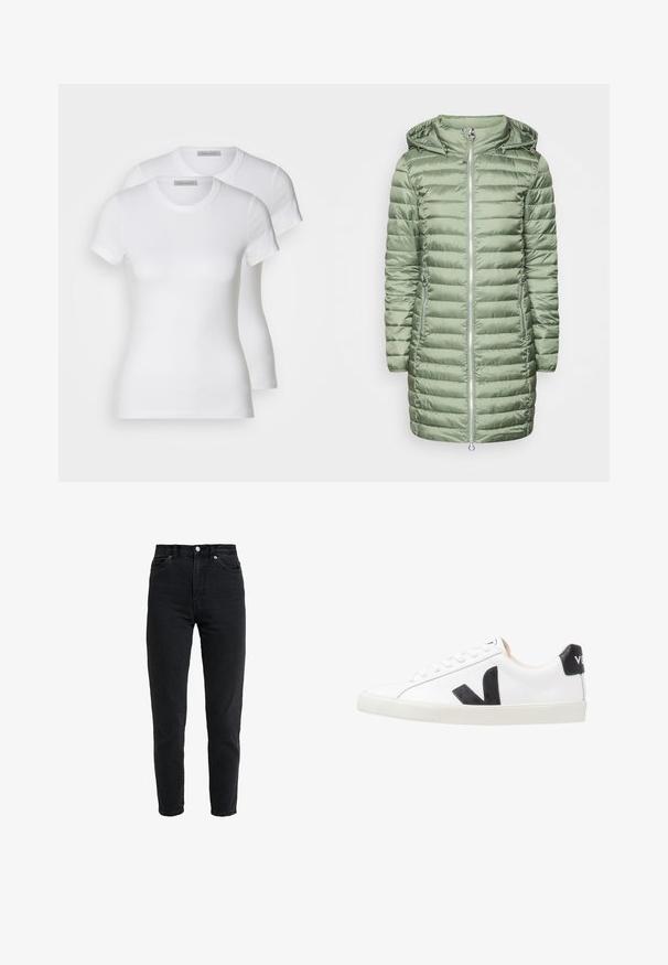 Gevoerde groene jas met een capuchon, voorzien van horizontale gestikte secties en twee zijzakken met ritssluiting. Hiermee voelt het materiaal glad en glanzend aan. Zilveren ritssluiting.; Twee witte katoenen t-shirts met korte mouwen, ronde halslijnen en een getailleerd silhouet, met een zachte textuur en minimalistisch ontwerp.; High-waist zwarte spijkerbroek met voorste knoop en rits, twee voorzakken en taps toelopende pijpen op een witte achtergrond.; Witte sneaker met een zwart V-logo, voorzien van een gladleren bovenwerk, ronde neus, vetersluiting en een contrasterende zwarte hieltab.