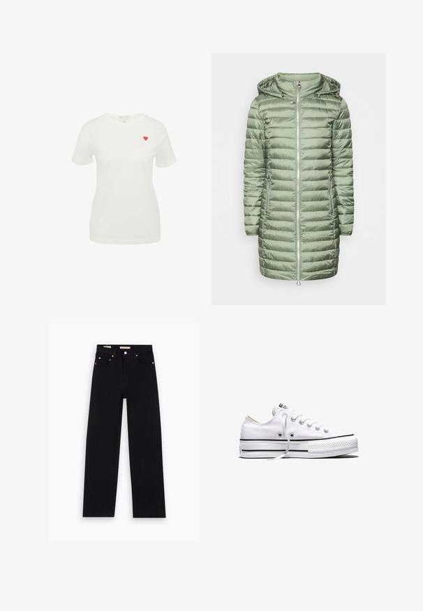 Manteau rembourré vert avec une capuche, présentant des sections matelassées horizontales et deux poches latérales zippées. Matériau lisse et brillant. Fermeture éclair argentée.; T-shirt en coton blanc à manches courtes, avec un col rond, présentant un petit cœur rouge brodé sur la partie gauche de la poitrine.; Jean en denim noir avec une coupe droite, cinq poches, matériel en cuivre et texture lisse. Deux étiquettes visibles sur la taille.; Baskets basses en toile blanche avec lacets blancs, bandes noires sur la semelle et embout en caoutchouc texturé, vue de côté sur fond blanc.