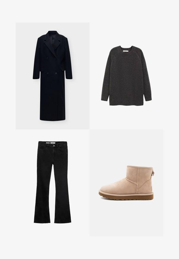 Lang sort dobbeltradet frakke med brede revers, knapper foran og klaplommer, vist mod en ensfarvet lys baggrund.; Mørkegrå sweater lavet af blødt strikket stof, med rund halsudskæring og lange raglanærmer med ribbede manchetter og kant.; Sorte flared jeans i et blødt stof med en rå kant, der har to frontlommer og en knappelukning med lynlås.; Beige ruskindsankelstøvle med rund tå, synlige sting og en tekstureret brun gummisål. Har en træksløjfe på bagsiden.
