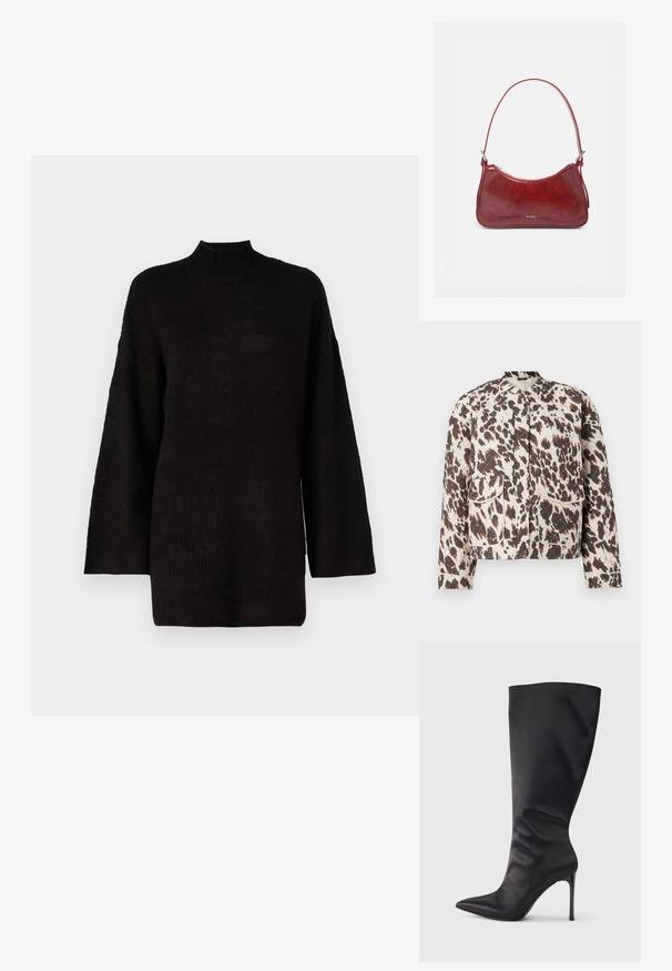 Gestepptes Jacket aus leichtem Material, mit einem auffälligen braun-creamfarbenen Spritzmuster, Stehkragen und zwei aufgesetzten Taschen vorne.; Schwarzer oversized Strickpullover mit hohem Stehkragen und langen Ärmeln, der mit einem strukturierten Stoff für zusätzlichen visuellen Reiz ausgestattet ist.; Schwarzer kniehoher Stiletto-Stiefel aus glattem, elegantem Material; spitze Zehe; enganliegend mit subtilen Falten nahe dem Knöchel; glänzender Absatz.; Kleine glänzende dunkelrote Handtasche mit einem Riemen, silbernem Reißverschluss und "RAID"-Logo in der Mitte vorne.