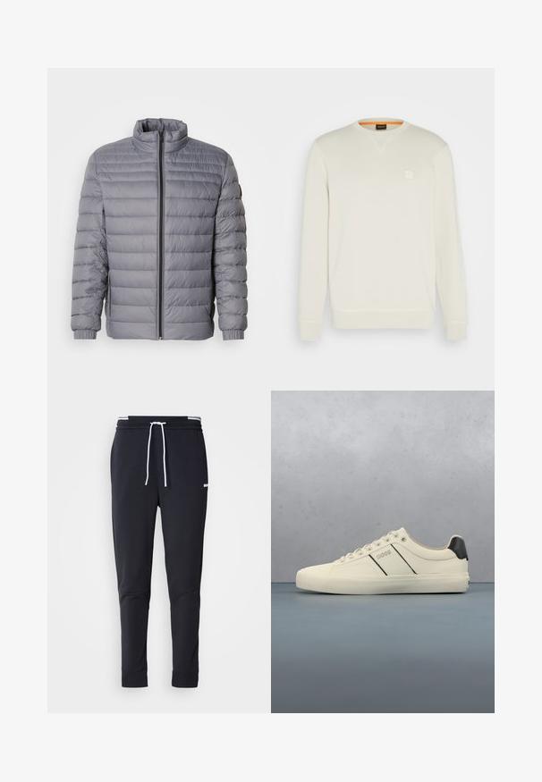 Grau gepolsterte Jacke mit hohem Kragen, Reißverschluss, horizontalem Steppmuster und elastischen Bündchen. Leichtes Material betont die Wärme.; Helles cremefarbenes Sweatshirt mit Rundhalsausschnitt, langen Ärmeln und kleinem quadratischen Logo auf der Brust. Weiche Textur und kontrastierendes oranges Innenfutter.; Schwarze Slim-Fit-Jogginghose mit weißem Kordelzug, elastischem Bund mit weißen Streifen und kleinem weißen Logo am oberen Oberschenkel.; Cremfarbene Sneaker mit glatter Oberfläche, die schwarze Akzente und Markenlogo aufweisen. Klassisches Schnürdesign mit runder Zehenform und Gummisohle.