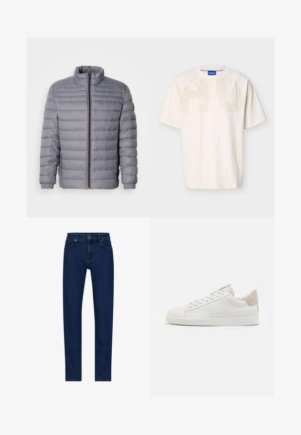 Grau gepolsterte Jacke mit hohem Kragen, Reißverschluss, horizontalem Steppmuster und elastischen Bündchen. Leichtes Material betont die Wärme.; Weißes Baumwoll-T-Shirt mit legerer Passform, mit großem, durchscheinendem "HU"-Logo auf der Vorderseite und Raglanärmeln.; Dunkelblaue Denim-Jeans mit geradem Schnitt, fünf Taschen und einem Knopfverschluss. Verfügt über dezente Nähte und eine glatte Textur.; Weiße Ledersneaker mit glatter Oberfläche, runder Schuhspitze und einer hellgrauen Wildleder-Hinterkappe sowie einer flachen Gummisohle.