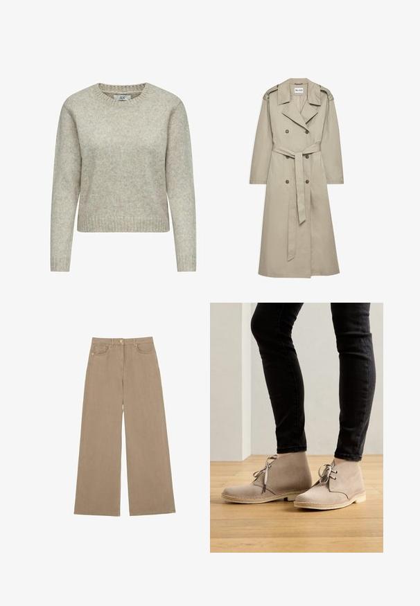 Beige trenchcoat lavet af letvægtsstof. Har dobbeltradede knapper, en bæltet talje og en krave med skulderklapper.; Lys beige damestriktrøje lavet af blødt strikstof, med rund halsåbning og ribstrikkede manchetter og kant. Klassisk, lige skåret design.; Beige bukser med brede ben, frontknap og lynlås, bæltestropper og fem-lomme-design mod hvid baggrund.; Beige ruskind ankelstøvler med en rund tå, snørebåndsdesign og kontrasterende syninger, båret med sorte tætsiddende bukser på et trægulv.