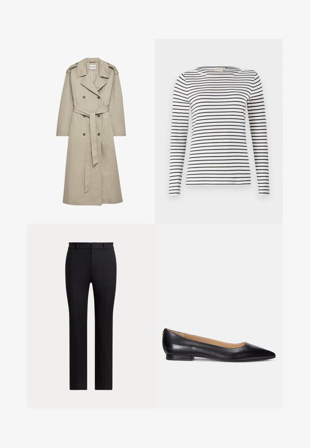 Trench de color beige hecho de un tejido ligero. Presenta botones de doble botonadura, una cintura ceñida con cinturón y un collar con hombreras.; Camisa de manga larga a rayas hecha de tela suave, con rayas horizontales en azul marino y blanco, escote redondo y un diseño ajustado.; Pantalones negros de pierna recta con trabillas y un corte ajustado, mostrados sobre un fondo claro y liso.; Bailarinas de cuero negro con punta afilada, tacón bajo y un acento dorado en el tacón. Textura suave con una silueta clásica.