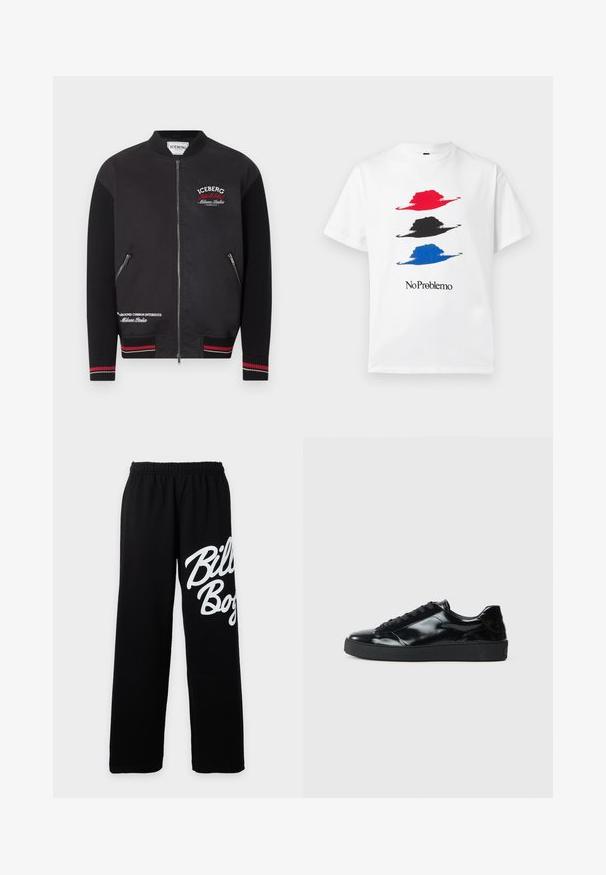 Black bomber jacket with ribbed sleeves, red and white striped cuffs, front zip, zippered pockets, and white-red "Iceberg Milano Italia" text logos.; White t-shirt featuring three stylized hats in red, black, and blue, with the text "No Problemo" in black below the designs.; Black elastic waist sweatpants with wide legs and large white "Billabong" text on the right thigh.; Black patent leather sneakers with a rounded toe, lace-up design, textured rubber sole, and a smooth finish.
