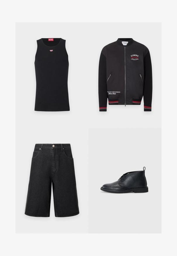 Sort bomberjakke med ribstrikkede ærmer, manchetter med røde og hvide striber, lynlås foran, lynlåslommer og hvide-røde "Iceberg Milano Italia"-tekstlogoer.; Sort ærmeløs Diesel tanktop med lille rødt og hvidt logo på brystet og rød Diesel-etiket indeni kraven.; Sorte denimshorts med løs pasform, der har to forlommer og lukning med knap. Casual stil med en glat tekstur.; Sorte læder ankelstøvler med snørebånd fortil, rund tå og trækflap bagpå på en flad gummisål.