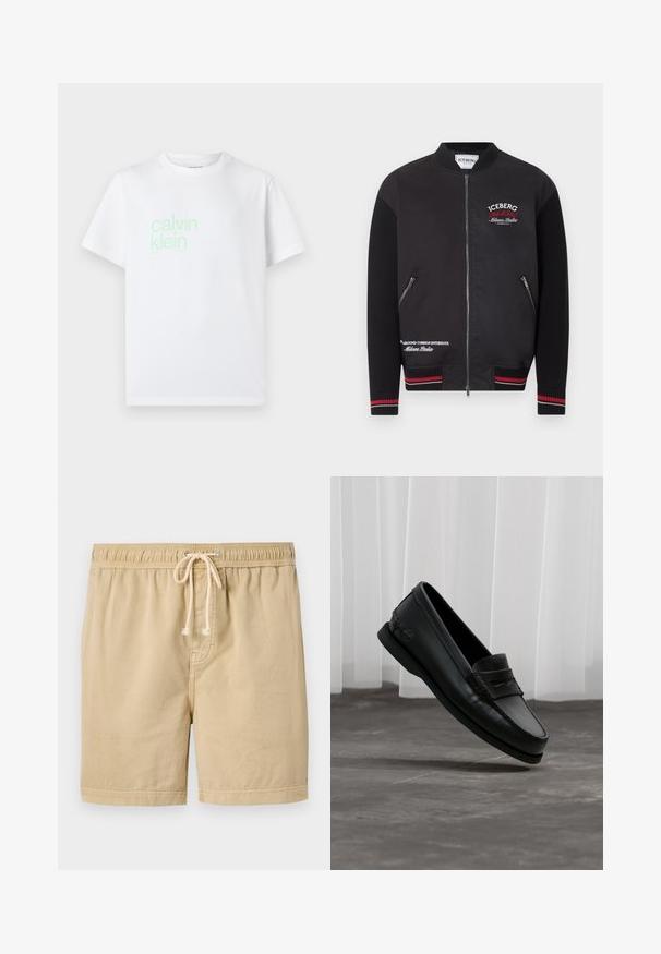 Sort bomberjakke med ribstrikkede ærmer, manchetter med røde og hvide striber, lynlås foran, lynlåslommer og hvide-røde "Iceberg Milano Italia"-tekstlogoer.; Hvid bomulds t-shirt med korte ærmer. Har et lysegrønt "calvin klein" logo trykt foran. Standard crew neck design.; Beige afslappede shorts med elastisk linning og hvid snor, lavet af letvægtsstof, velegnet til varmt vejr.; Sort læder loafers med mok-tå og penny-rem, let tiltet over gråt gulv, hvide lodrette persienner i baggrunden.