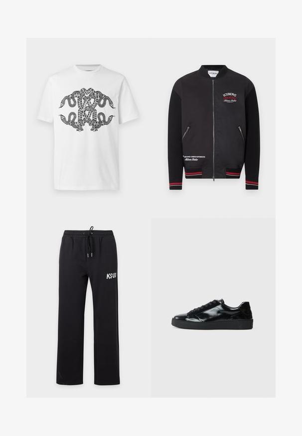 Veste bomber noire avec manches côtelées, poignets rayés rouges et blancs, fermeture éclair frontale, poches zippées, et logos texte "Iceberg Milano Italia" en blanc et rouge.; T-shirt blanc avec un motif noir complexe et symétrique de serpents entrelacés sur le devant.; Pantalon de survêtement noir à jambes droites avec taille élastique et cordon, avec un logo texte blanc "KSUBI" sur la partie supérieure de la cuisse gauche.; Baskets en cuir verni noir avec un bout arrondi, un laçage, une semelle en caoutchouc texturé et une finition lisse.